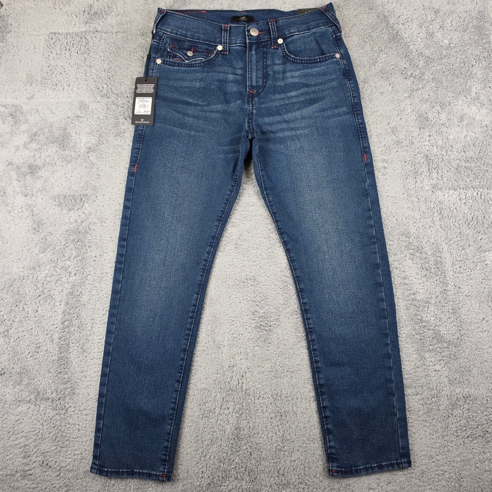 True Religion Geno Relaxed Slim Jeans Mens 30 Blue Big T Flap Shivering Wash NWT